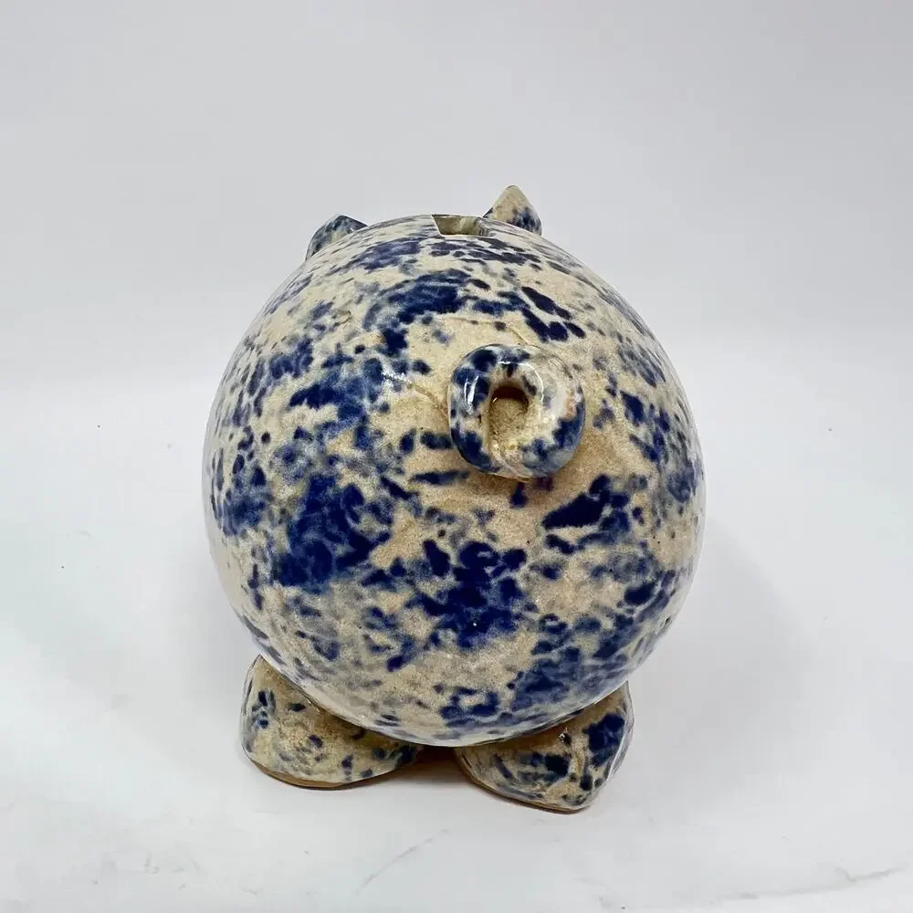 Vintage 80s Blue Spongeware Piggy Bank Stoneware Handmade Studio Pottery Pig